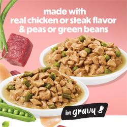 Elaborado con pollo real o carne de res y chícharos o ejotes reales.