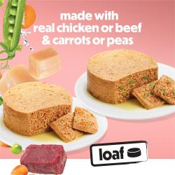 Made with real chicken or beef and carrots or peas.