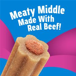 Close-up of Busy Stuf’d Beef Filled Dog Treats, showing a meaty real beef middle filling.