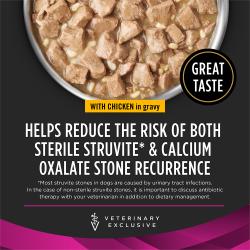 El alimento húmedo para perros con pollo Pro Plan Veterinary Diets UR Urinary promueve un entorno urinario desfavorable para la formación de cristales.