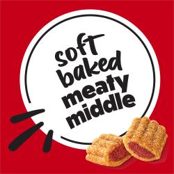 Two Beneful Baked Delights Hugs dog treats showing their soft savory centers with text: soft baked meaty middle.