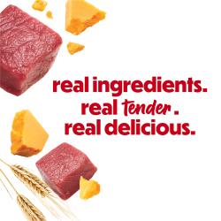 Carne de vacuno cruda, queso y trigo rodean el texto: ingredientes reales. realmente tierno. realmente delicioso.