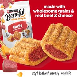 Beneful Baked Delights Hugs bag. Text: made with wholesome grains & real beef & cheese. Soft baked meaty middle.
