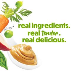 Peanut butter, apples, carrots and peas surround text: real ingredients. real tender. real delicious.
