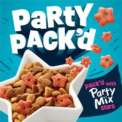 Friskies Party Pack’d dry cat food in a star-shaped bowl with Party Mix Stars pieces and product claim messaging.