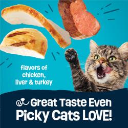 Cat raising paw next to Friskies Party Pack’d dry cat food highlighting chicken, liver and turkey flavors.