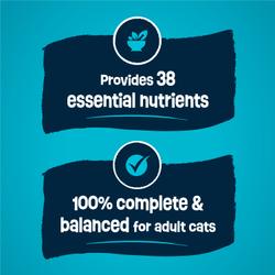 Friskies Party Pack’d dry cat food benefits showing 38 essential nutrients and 100% complete and balanced for adult cats.