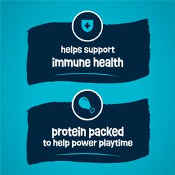 Friskies Party Pack’d dry cat food benefits highlighting immune health support and protein for playtime.