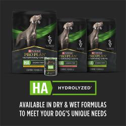 El alimento para perros Pro Plan Veterinary Diets HA Hidrolizado está disponible en fórmulas secas y húmedas para satisfacer las necesidades de tu perro.