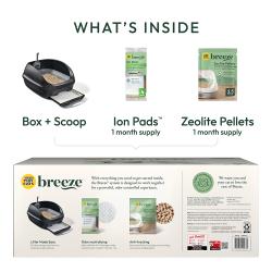 The Tidy Cats Breeze Original Litter Box System comes with the black litter box and scoop, ion pads and Zeolite Pellets.