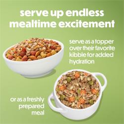 Serve up endless mealtime excitement. Serve as a topper over their favorite kibble for added hydration or as afreshly prepared meal.