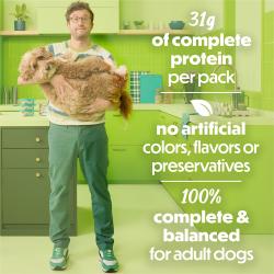 31g of complete protein per pack. No artificial colors, flavors or preservatives. 100% complete & blanced for adult dogs.