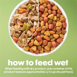 Cómo alimentar con alimento húmedo. Al alimentar junto con alimento seco, un envase de este producto equivale aproximadamente a 3/4 de taza de alimento seco.
