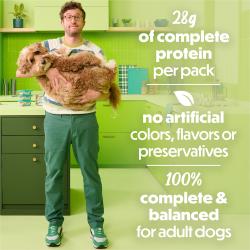 28g of complete protein per pack. No artificial colors, flavors or preservatives. 100% complete & blanced for adult dogs.