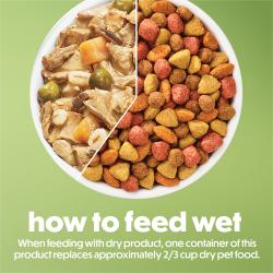 Cómo alimentar con alimento húmedo. Al combinarlo con alimento seco, un envase de este producto equivale aproximadamente a 2/3 de taza de alimento seco.