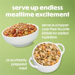 Serve up endless mealtime excitement. Serve as a topper over their favorite kibble for added hydration or as afreshly prepared meal.