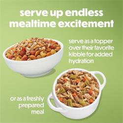 Serve up endless mealtime excitement. Serve as a topper over their favorite kibble for added hydration or as afreshly prepared meal.