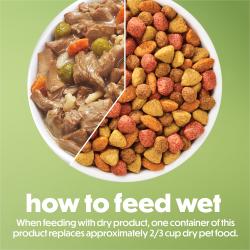 Cómo alimentar con alimento húmedo. Al alimentar junto con producto seco, un envase de este producto reemplaza aproximadamente 3/4 de taza de alimento seco.