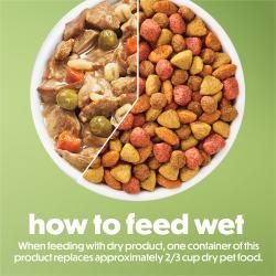 Cómo alimentar con alimento húmedo. Al alimentar junto con producto seco, un envase de este producto reemplaza aproximadamente 3/4 de taza de alimento seco.