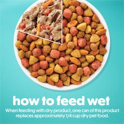 Cómo alimentar con alimento húmedo. Al combinarlo con alimento seco, un envase de este producto reemplaza aproximadamente 1/4 de taza de alimento seco.