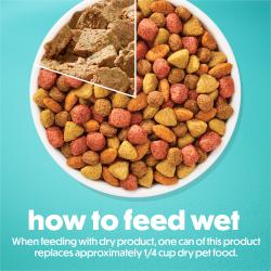 Cómo alimentar con alimento húmedo. Al alimentar junto con alimento seco, un envase de este producto equivale aproximadamente a 1/4 de taza de alimento seco.