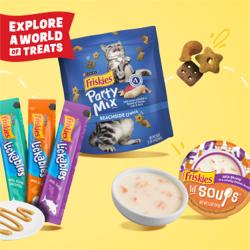 Friskies Party Mix, Lil’ Soups, and Lickables products with treats and creamy food, with text “Explore a world of treats.”