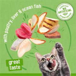 El paquete de variedad de paté Friskies para gatos húmedo está hecho sin colores artificiales ni conservantes y con pollo, hígado o pescado de mar.