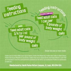 Instrucciones de alimentación para recetas de comida húmeda para gatos Friskies pate y Glazed and Infused.