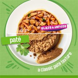 Un tazón que demuestra la diferencia en textura entre las recetas Glaseadas e Infundidas y la textura clásica de la comida húmeda para gatos pate.