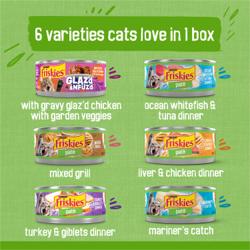 El paquete de variedades de paté Friskies contiene 6 de cada uno: pollo glaseado, pez blanco del océano, parrilla mixta, pollo, pavo y captura de marineros.
