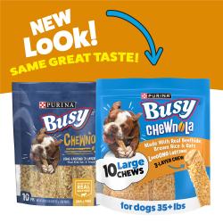 A comparison of the old and new packaging for Purina Busy Chewnola Large Dog Chews with the text: New Look! Same Great Taste!