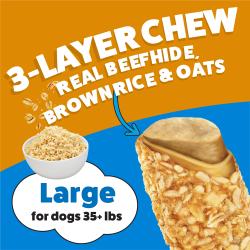 A Purina Busy Chewnola Large Dog Chew showing the 3 Layers made of real beefhide, brown rice, and oats.