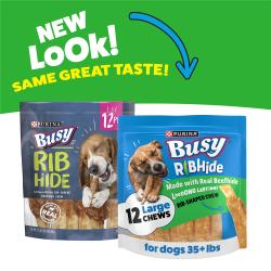 Una comparación del empaque antiguo y el nuevo de Purina Busy Ribhide masticables para perros grandes con el texto: ¡Nueva imagen! ¡El mismo gran sabor!