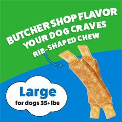 Purina Busy Ribhide Large Dog Chews with text: Butcher Shop Flavor. Rib shaped Chew. Large for dogs 35 plus pounds.