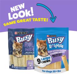 A comparison of old and new packaging for Purina Busy Rollhide Extra Large Dog Chews with text: New look! Same great taste!