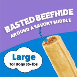 Un masticable Purina Busy Rollhide para Perros Grandes con el texto: Cuero crudo de res rociado alrededor de un centro sabroso. Tamaño grande para perros de más de 35 libras.