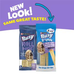 A comparison of old and new packaging for Purina Busy Rollhide Extra Large Dog Chews with text: New look! Same great taste!