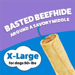 Purina Busy Rollhide Extra Large Dog Chew with text: Basted Beefhide Around a Savory Middle. X Large for dogs 50 plus pounds.
