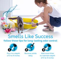 3 tips for Tidy Cats litter odor control: depth of 3 to 4 inches, remove solids daily, and add more litter to maintain depth.