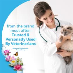 A veterinarian holding a cat with text: from the brand most often Trusted and Personally Used By Veterinarians.