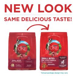 El empaque del alimento seco para perros Purina ONE Bocados Pequeños fórmula de carne de res y arroz tiene una nueva imagen, pero el mismo sabor delicioso.