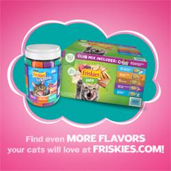 Friskies Lickables treats and Friskies pâté variety pack with text promoting more flavors at Friskies.com.
