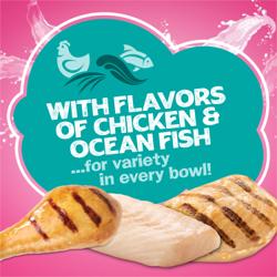 Friskies Land & Sea Adventures ingredients featuring chicken and ocean fish with text highlighting variety in every bowl.