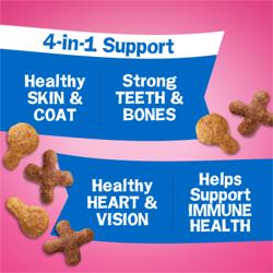 Friskies Land & Sea Adventures dry cat food benefits including healthy skin and coat, strong teeth and bones, healthy heart and vision, and immune support.