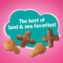 Friskies Land & Sea Adventures kibble pieces with text highlighting a mix of land and sea flavors.