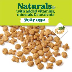 Croquetas de alimento para gatos esparcidas sobre una superficie blanca. Una banda verde en la parte superior dice "Naturals con vitaminas, minerales y nutrientes adicionados, primer ano". A la derecha aparece un icono con pollo a la parrilla en rebanadas.