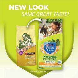 Nuevo empaque de Purina Kitten Chow con una flecha que apunta del diseno anterior al nuevo. El texto dice "Nueva imagen, el mismo gran sabor" sobre un fondo verde.