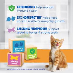 An orange tabby kitten sits infront of a white and yellow background. Above the kitten are green shield, blue dumbell, and purple bone icons. Text next to the icons reads Antioxidants help support immaune health, 25% more protein helps keep up with a kitten's everyday growth, calcium and phosphorus support growing bones and strong teeth. To the left of the kitten are wooden blocks with the same icons and colors as above with text reading Growing Muscles, Strong Bones, Immune Health.