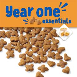 Kitten Chow kibble shown on a white background with an icon that shows chopped grilled chicken. A yellow banner above reads year one essentials.