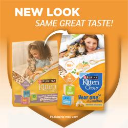 An old and new package of Purian Kitten Chow sit on a yellow shield with an arrow pointing from the old bag to the new bag. Text above reads New Look Same Great Taste.